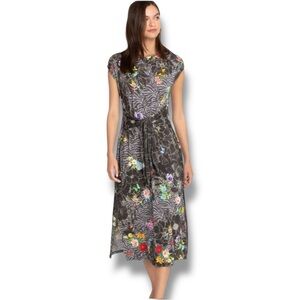 JOHNNY WAS ZIPPY TIE FRONT KNIT DRESS Women’s Large Grey/Floral Pattern